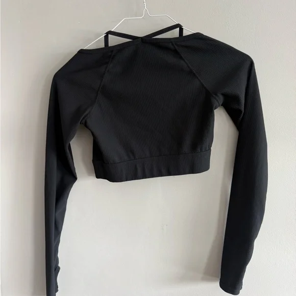 Halara Black Ribbed Long Sleeve Cropped Athletic Top XS Open Back Yoga - Picture 6 of 6